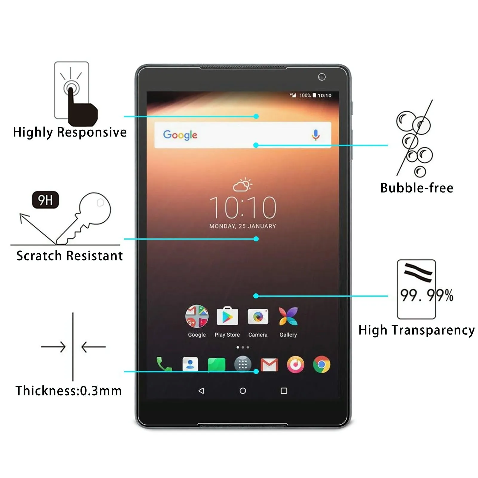 2-Pack Tempered Glass Film For Alcatel A3 10 Lte Tablet - 9H Hardness 2.5D Explosion-Proof