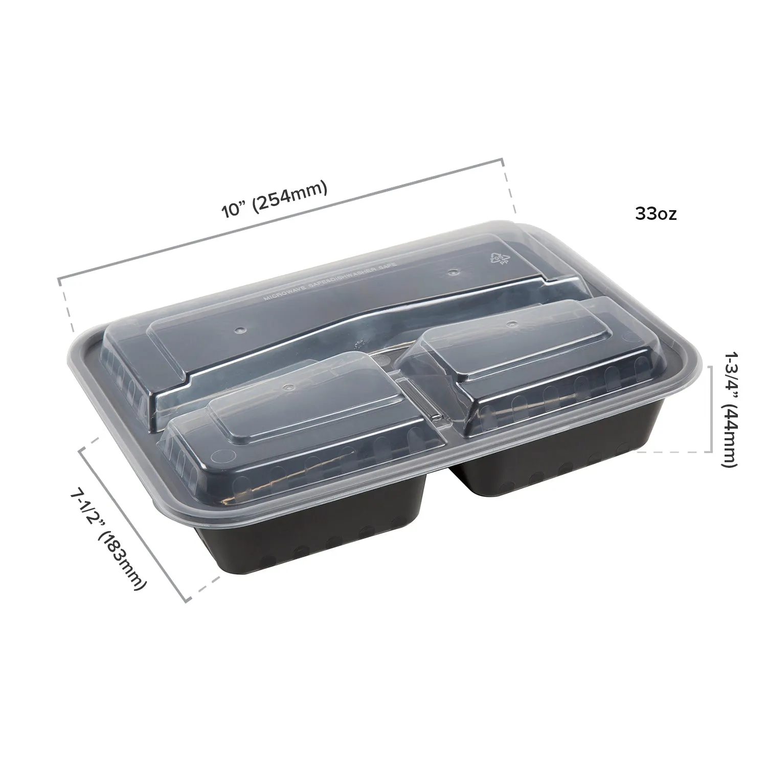 3 Compartment 33 oz. Rectangular Black Containers and Lids, Case of 150