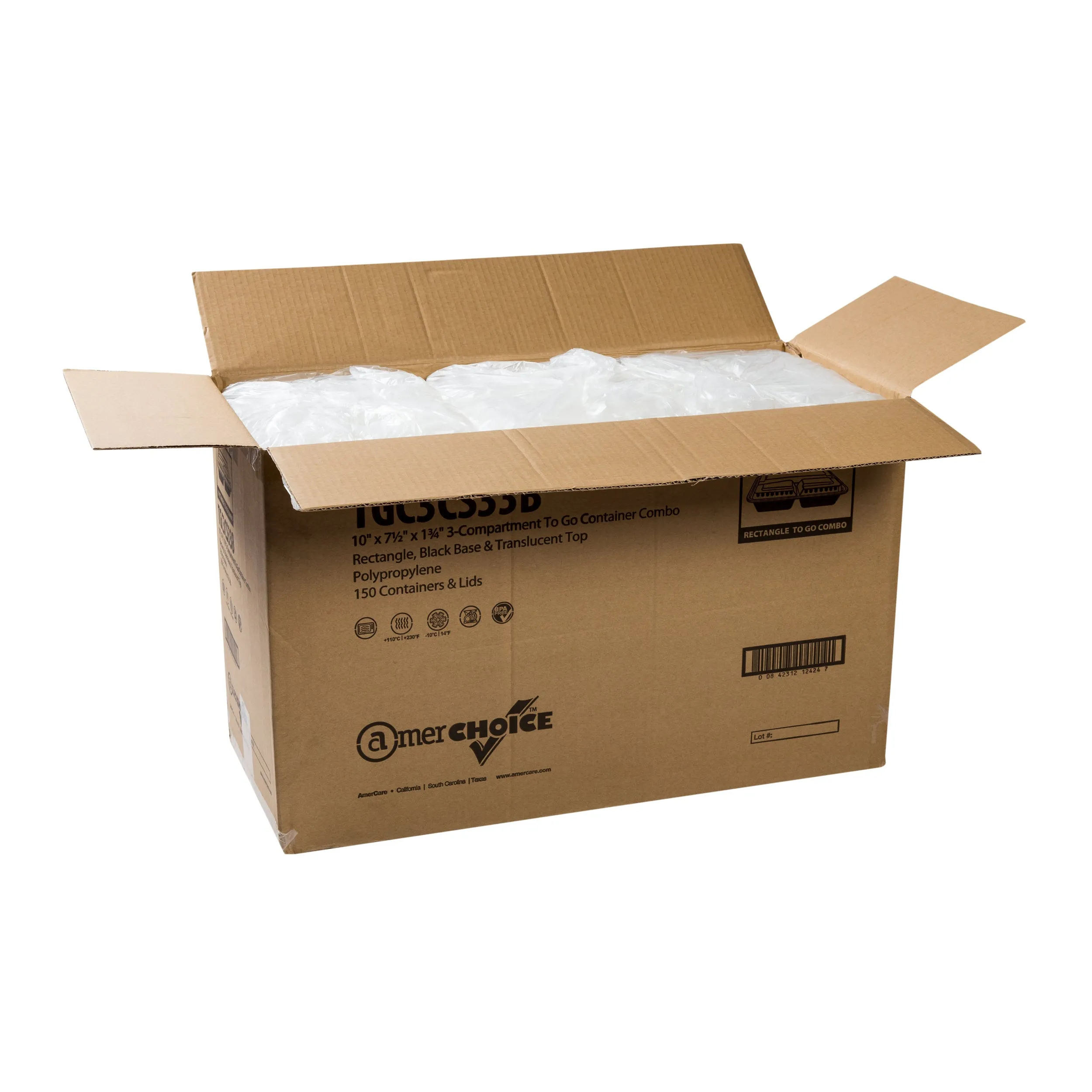 3 Compartment 33 oz. Rectangular Black Containers and Lids, Case of 150