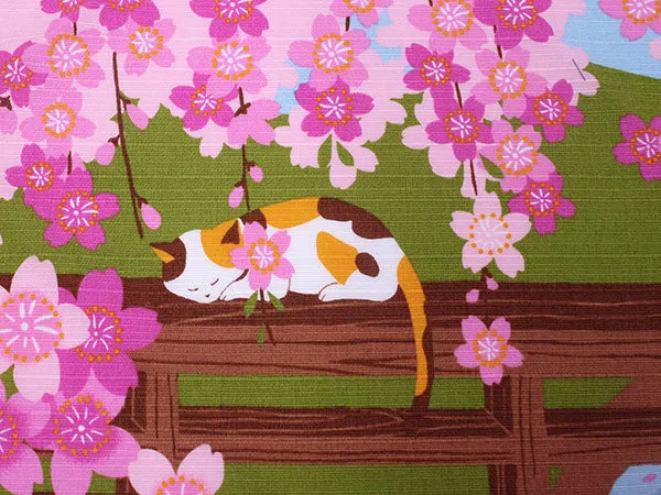 Furoshiki, Japanese Traditional Handkerchief Wrapping Cloth - Small, Calico Cat Mike Hanami Sakura Cherry blossoms