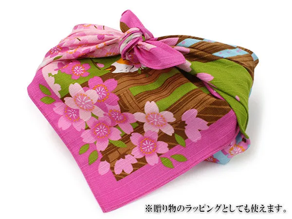 Furoshiki, Japanese Traditional Handkerchief Wrapping Cloth - Small, Calico Cat Mike Hanami Sakura Cherry blossoms