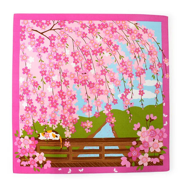 Furoshiki, Japanese Traditional Handkerchief Wrapping Cloth - Small, Calico Cat Mike Hanami Sakura Cherry blossoms