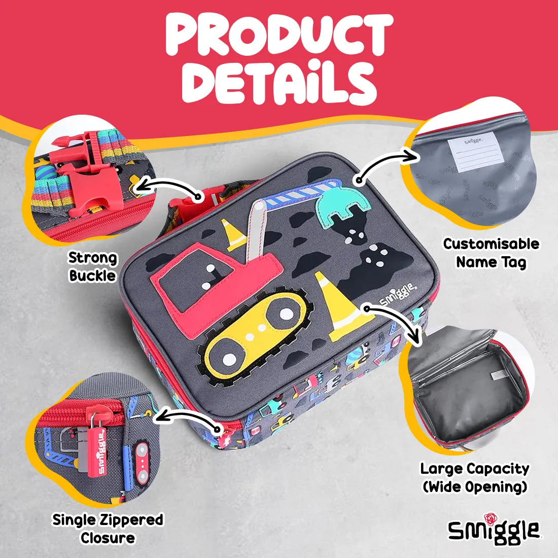 Smiggle Glide Teeny Tiny Square Lunchbox (Bag) Grey, 3Y 