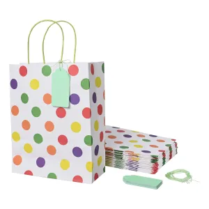 Suffix Retail ® - (Pack of 20) Polka Dots Paper Bags for Return Gifts with Gift Tags & Threads/Gift Bags For Corporate Events (12X8.7X3 inches) | Party Favor Bags for Kids Birthday - 100GSM